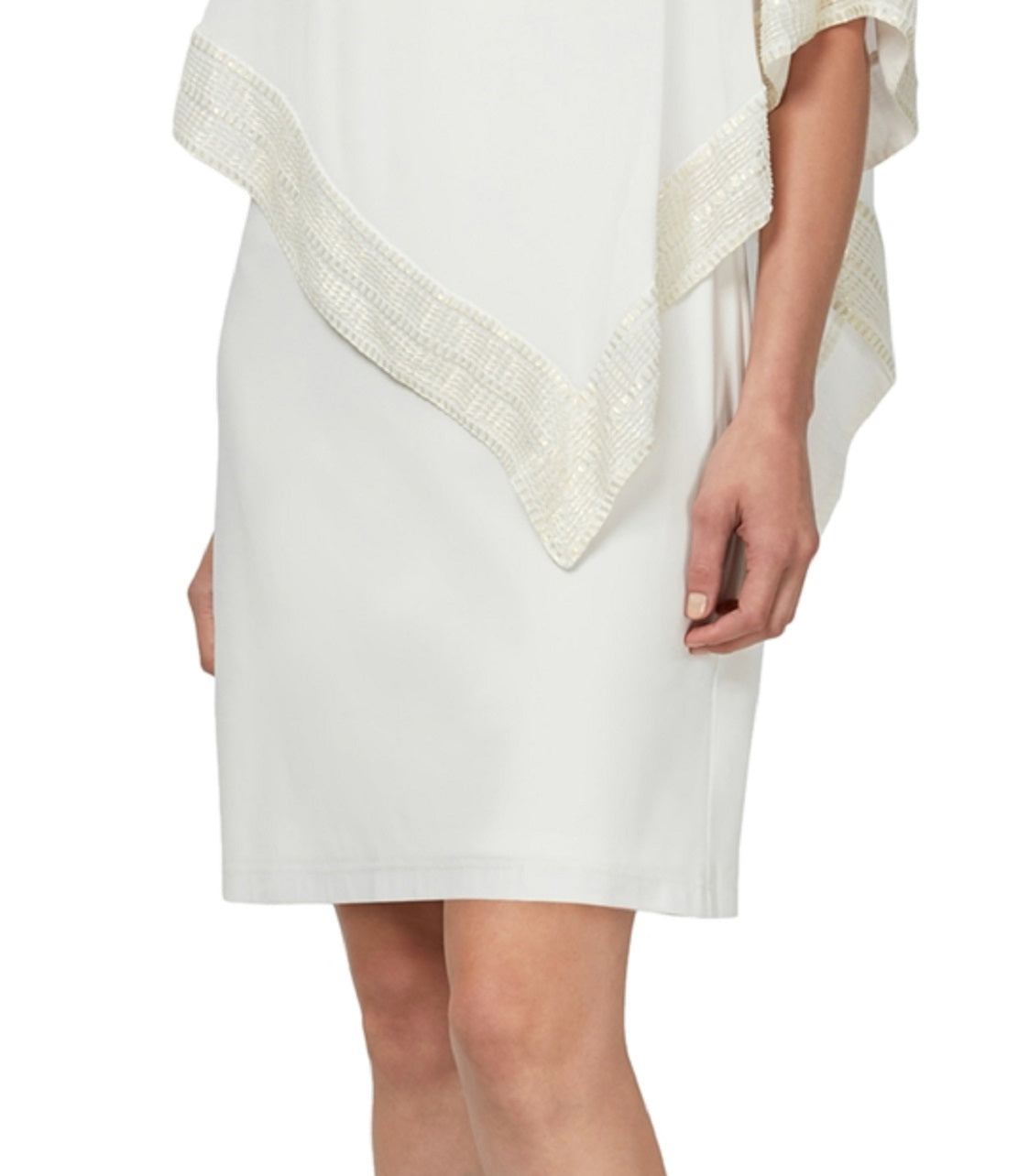 Vestido tubinho assimétrico com acabamento em folha de alumínio SL Fashions, tamanho 6, branco