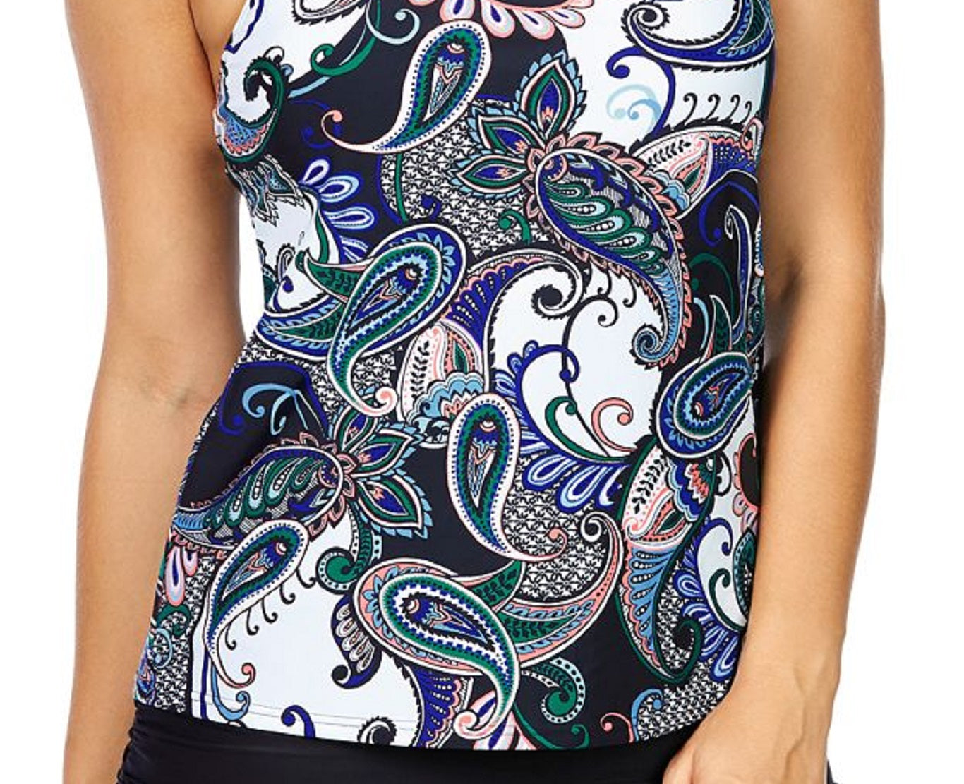 Maiô tankini com aro estampado Paisley Paradise Cali feminino Island Escape, preto, tamanho 16