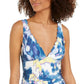 Maiô feminino DKNY com bojo removível e estampado, decote em V profundo, cobertura moderada, azul, tamanho 8