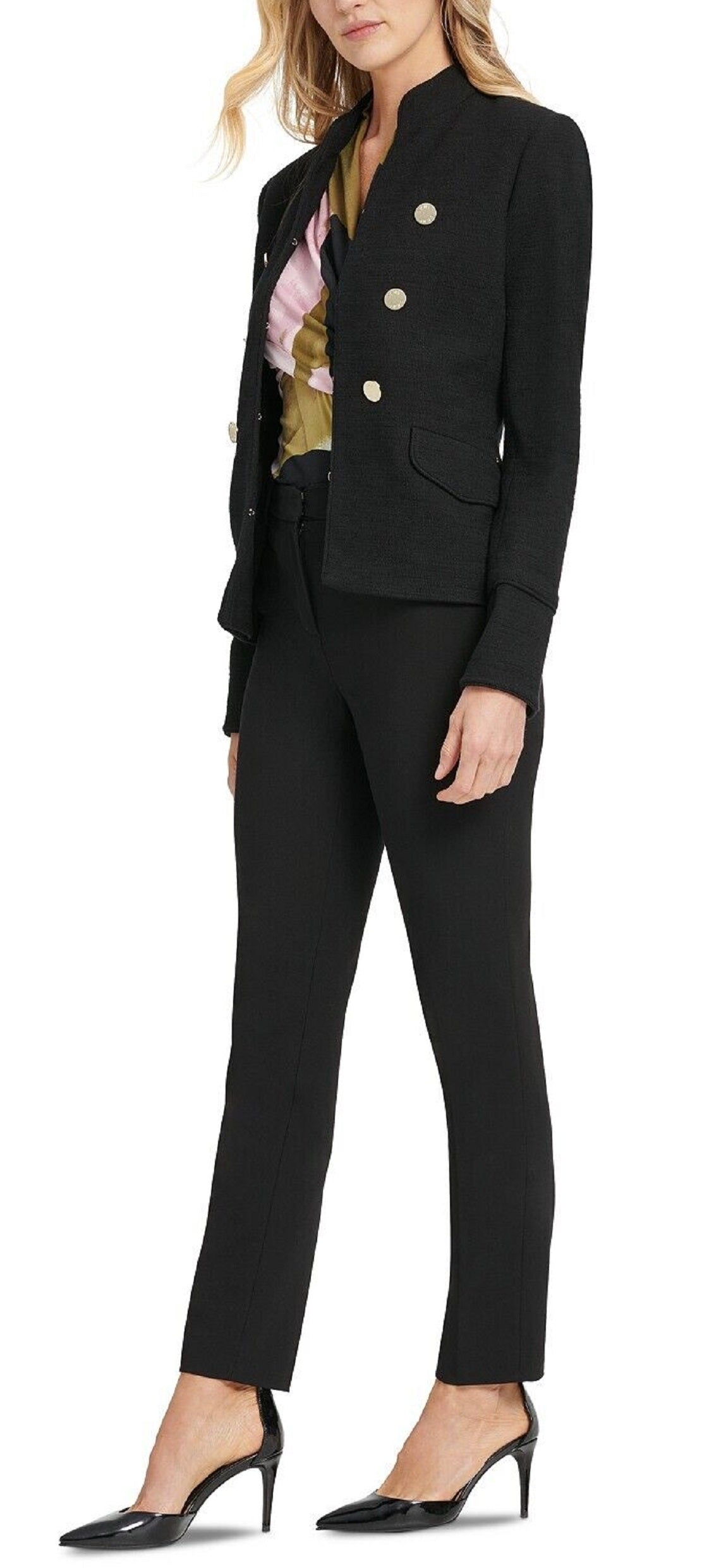 Jaqueta militar feminina DKNY com gola alta e abotoamento duplo, preta, tamanho 2, pequena