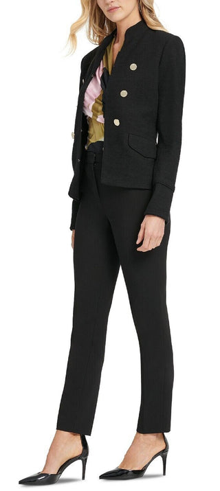 Jaqueta militar feminina DKNY com gola alta e abotoamento duplo, preta, tamanho 2, pequena