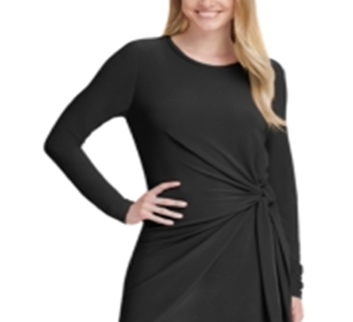 Vestido feminino DKNY com nó lateral e comprimento até o joelho, preto, tamanho pequeno