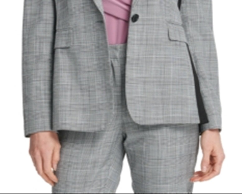 Terno xadrez feminino DKNY para usar no trabalho, jaqueta cinza, tamanho 2, pequena