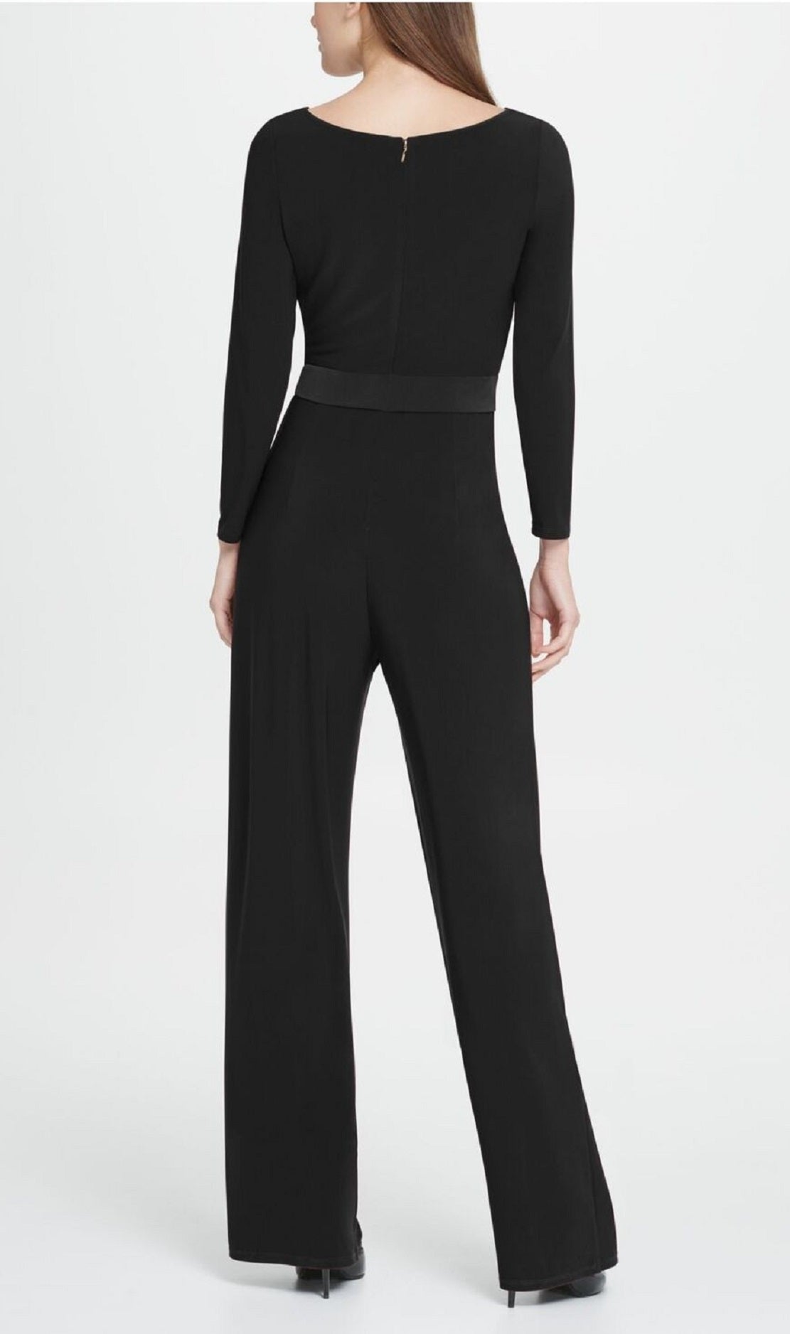 Macacão feminino DKNY com decote canoa e manga comprida, preto, tamanho 4