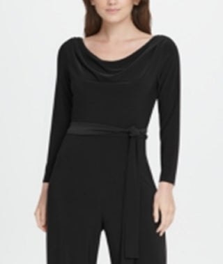 Macacão feminino DKNY com decote canoa e manga comprida, preto, tamanho 4