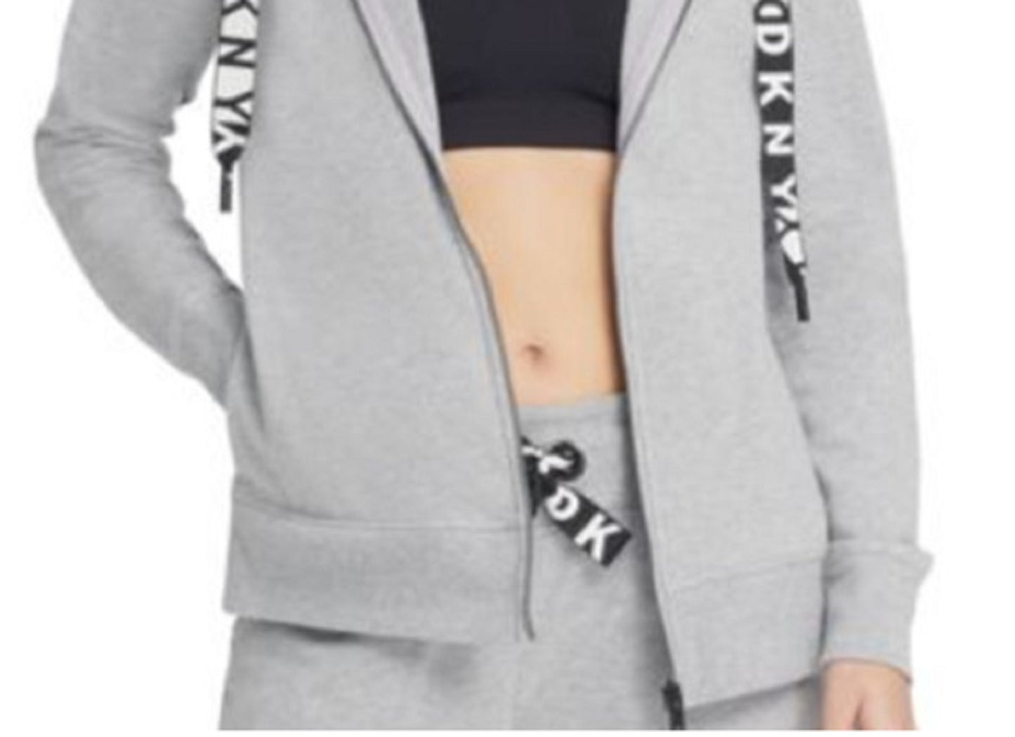 Moletom com capuz feminino DKNY com logotipo e zíper, cinza, tamanho médio