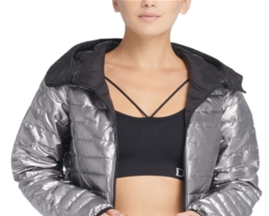 Jaqueta esportiva reversível com capuz e dobrável DKNY feminina, cinza, tamanho extragrande