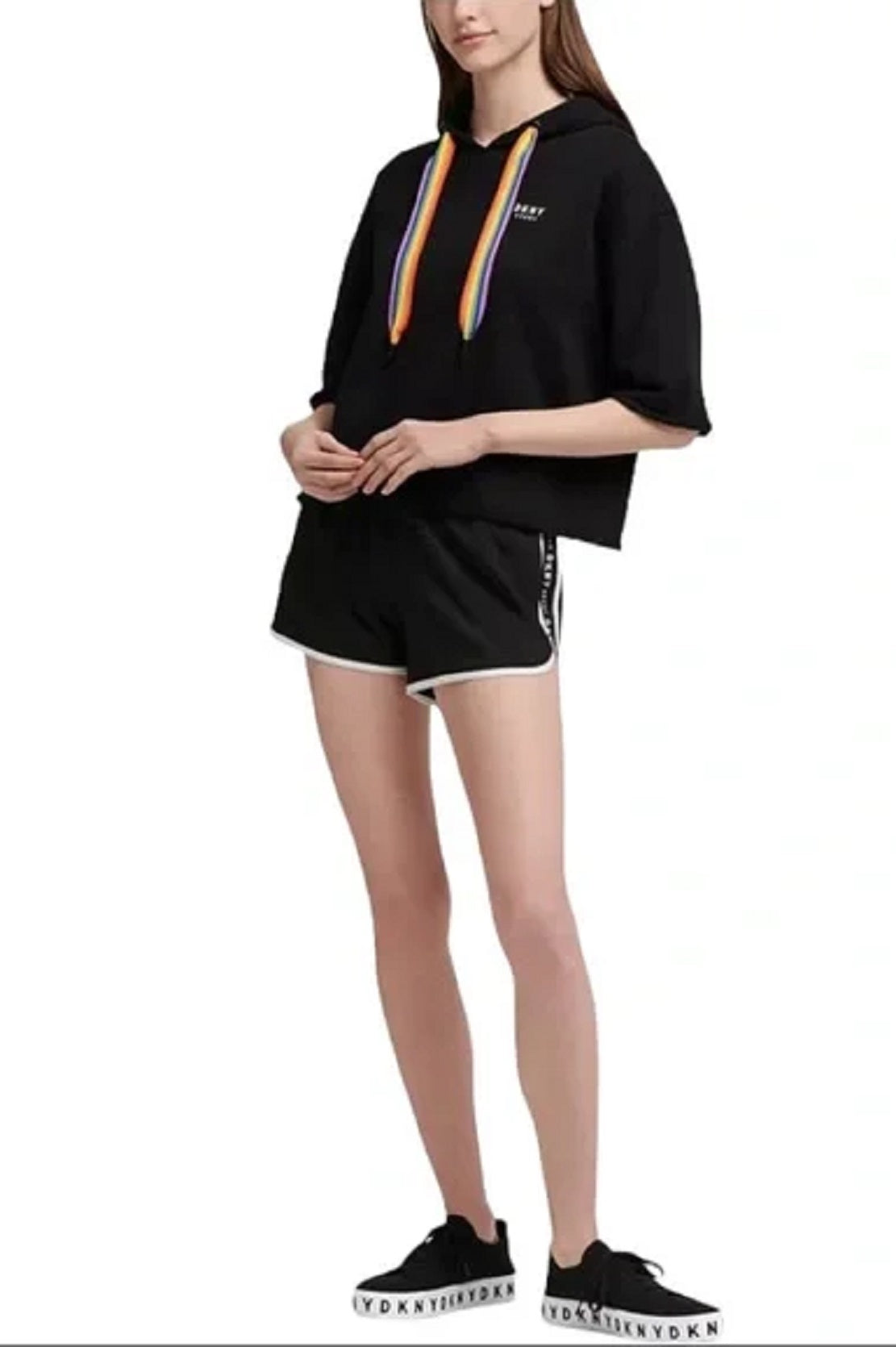 Moletom com capuz curto feminino DKNY Rainbow String, preto, tamanho médio