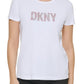 Camiseta feminina DKNY com logo gráfico e glitter, branca, tamanho pequeno