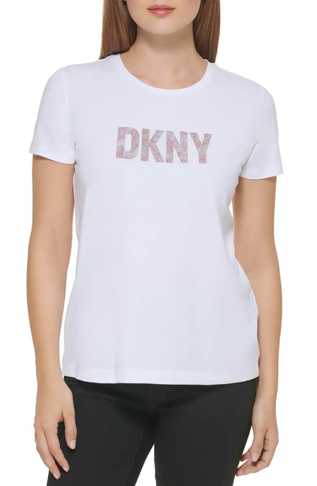 Camiseta feminina DKNY com logo gráfico e glitter, branca, tamanho pequeno