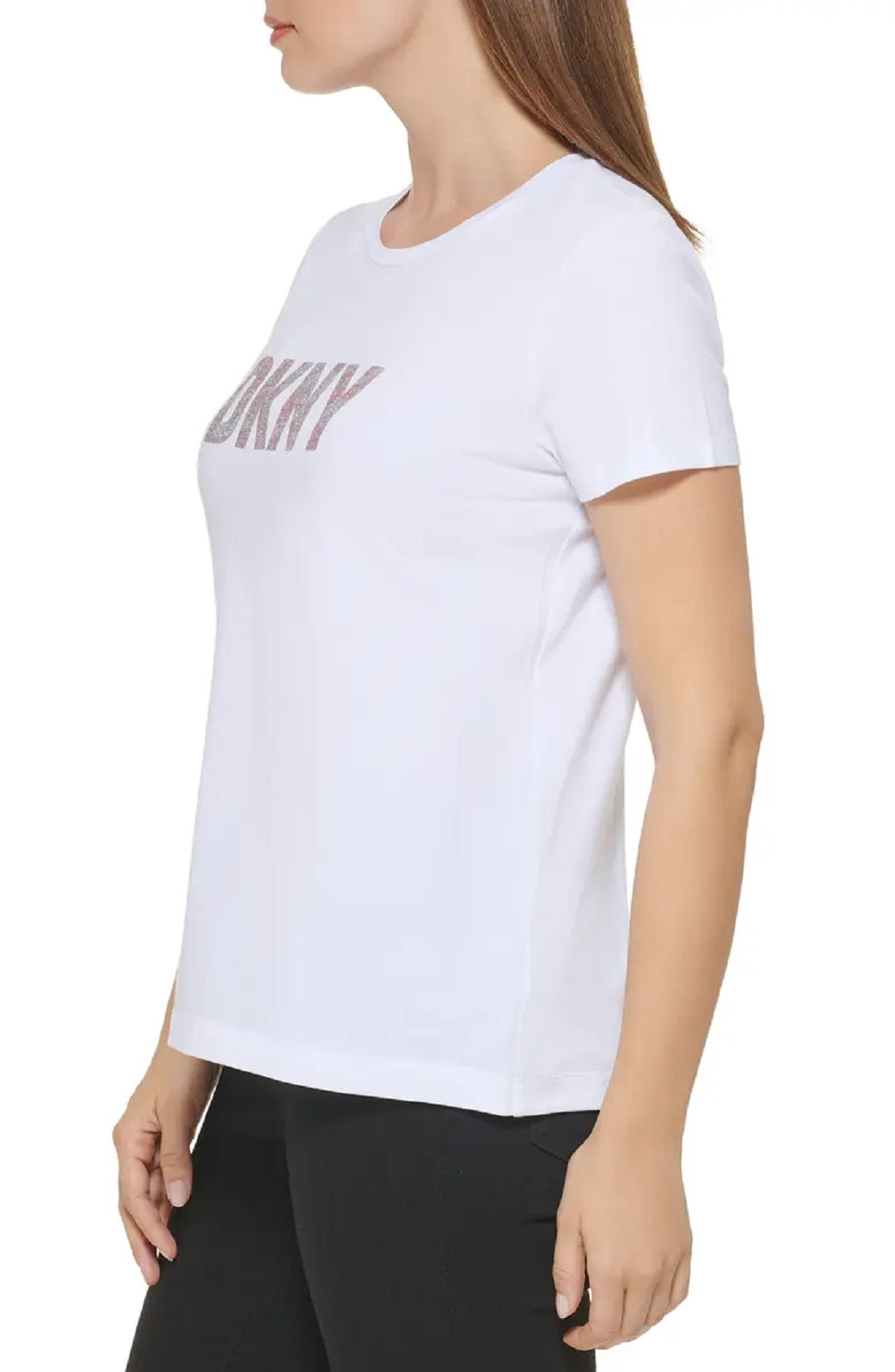 Camiseta feminina DKNY com logo gráfico e glitter, branca, tamanho pequeno