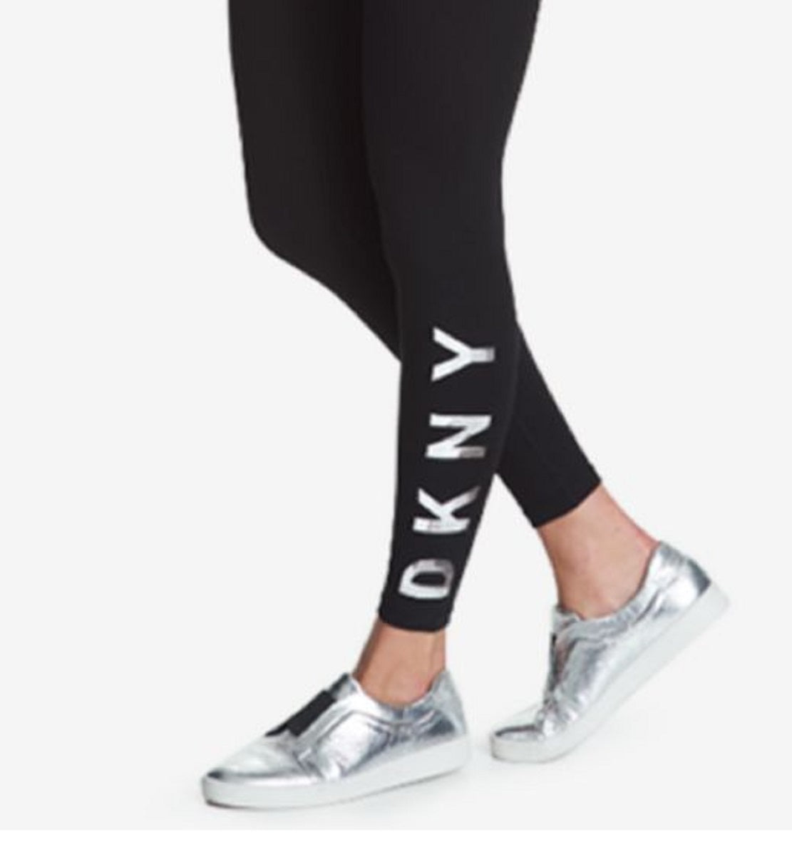 Calça legging feminina DKNY Sport com logo e cintura alta, comprimento total, preta, tamanho médio