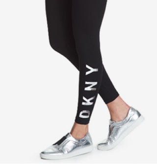 Calça legging feminina DKNY Sport com logo e cintura alta, comprimento total, preta, tamanho médio