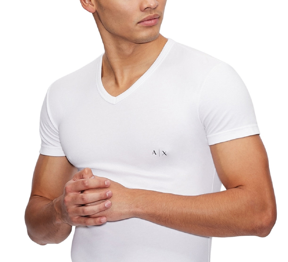 Pacote com duas camisetas masculinas AX Armani Exchange de algodão elástico com decote em V, tamanho P, brancas