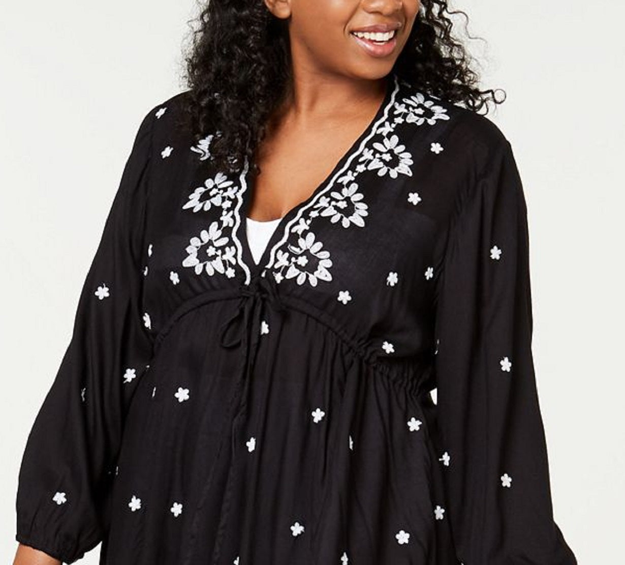 Raviya Vestido Feminino Bordado Manga 3/4 Saída de Banho Preto