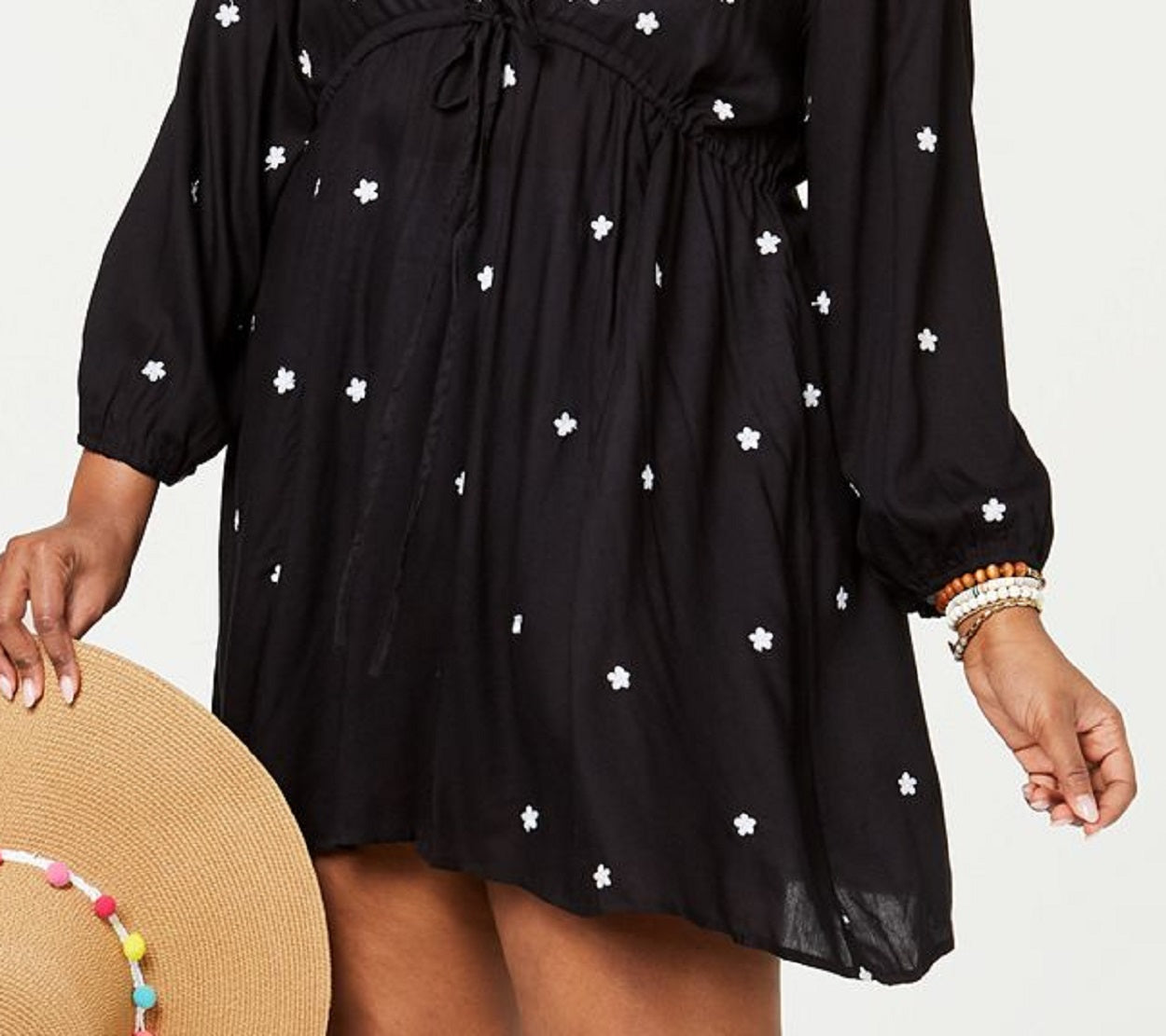 Raviya Vestido Feminino Bordado Manga 3/4 Saída de Banho Preto