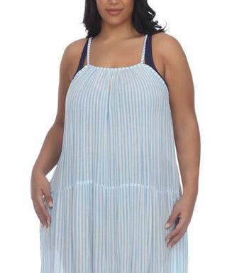 Vestido midi plus size em camadas Raviya feminino, saída de praia, azul, tamanho 1X