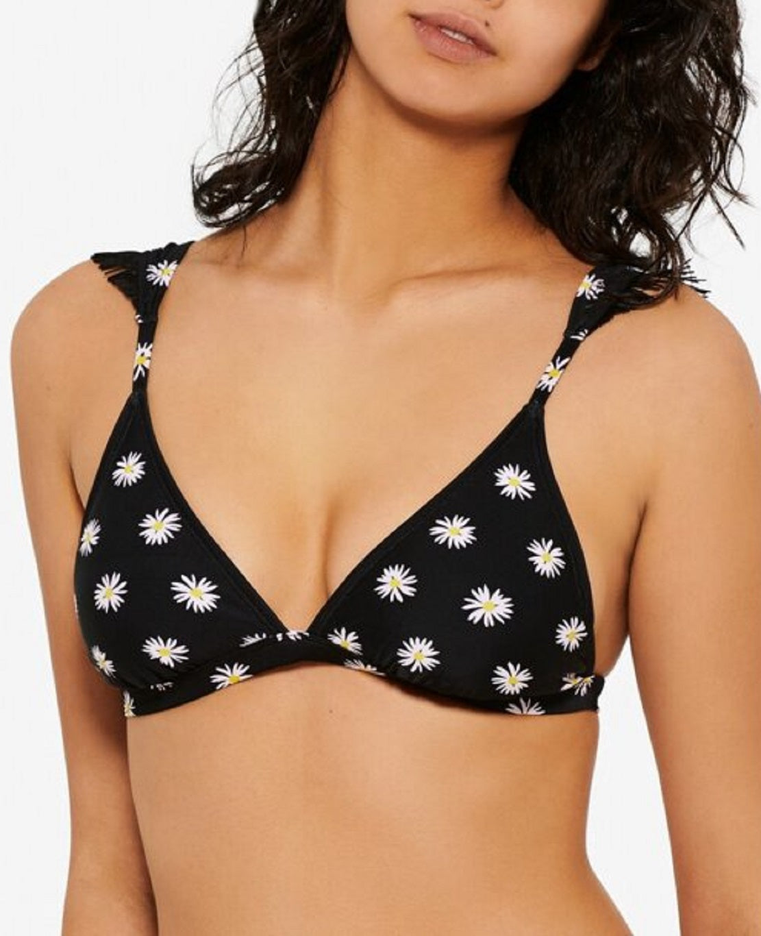 Biquíni feminino Hula Honey com babados florais e triângulo, preto, tamanho extragrande