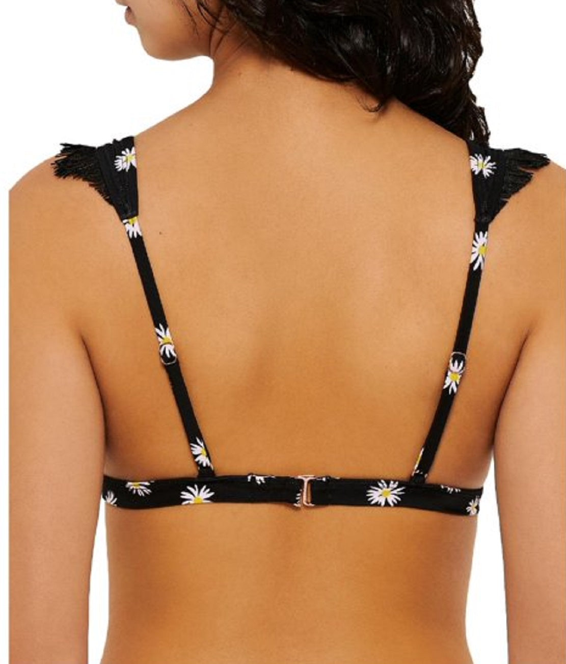 Biquíni feminino Hula Honey com babados florais e triângulo, preto, tamanho extragrande