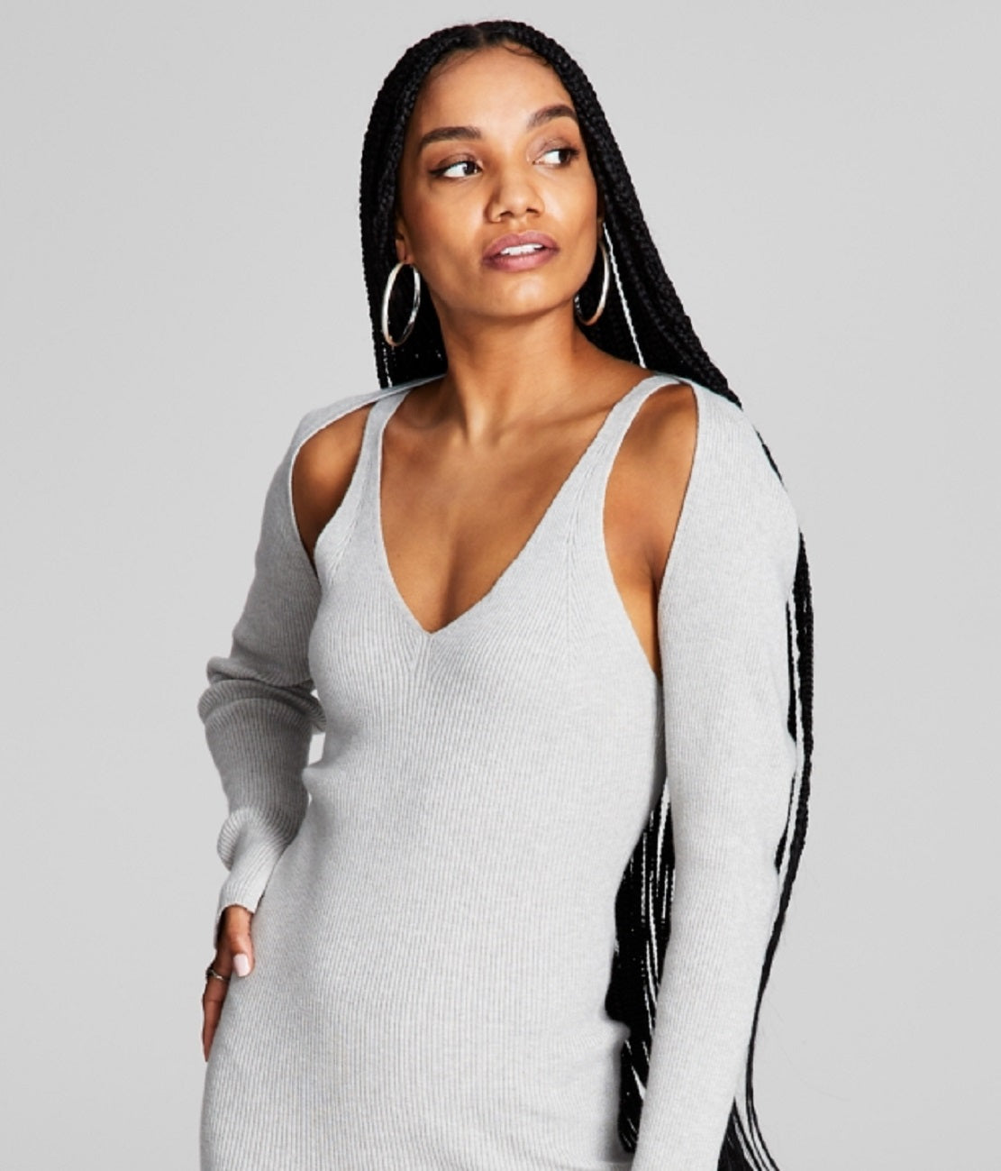 E agora este vestido justo de malha canelada feminino e encolher de ombros cinza tamanho pequeno