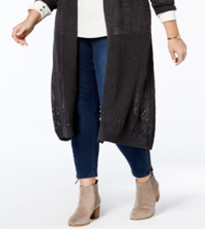 Belldini Cardigan Feminino Plus Pointelle Stitch Duster Cinza Tamanho 1X