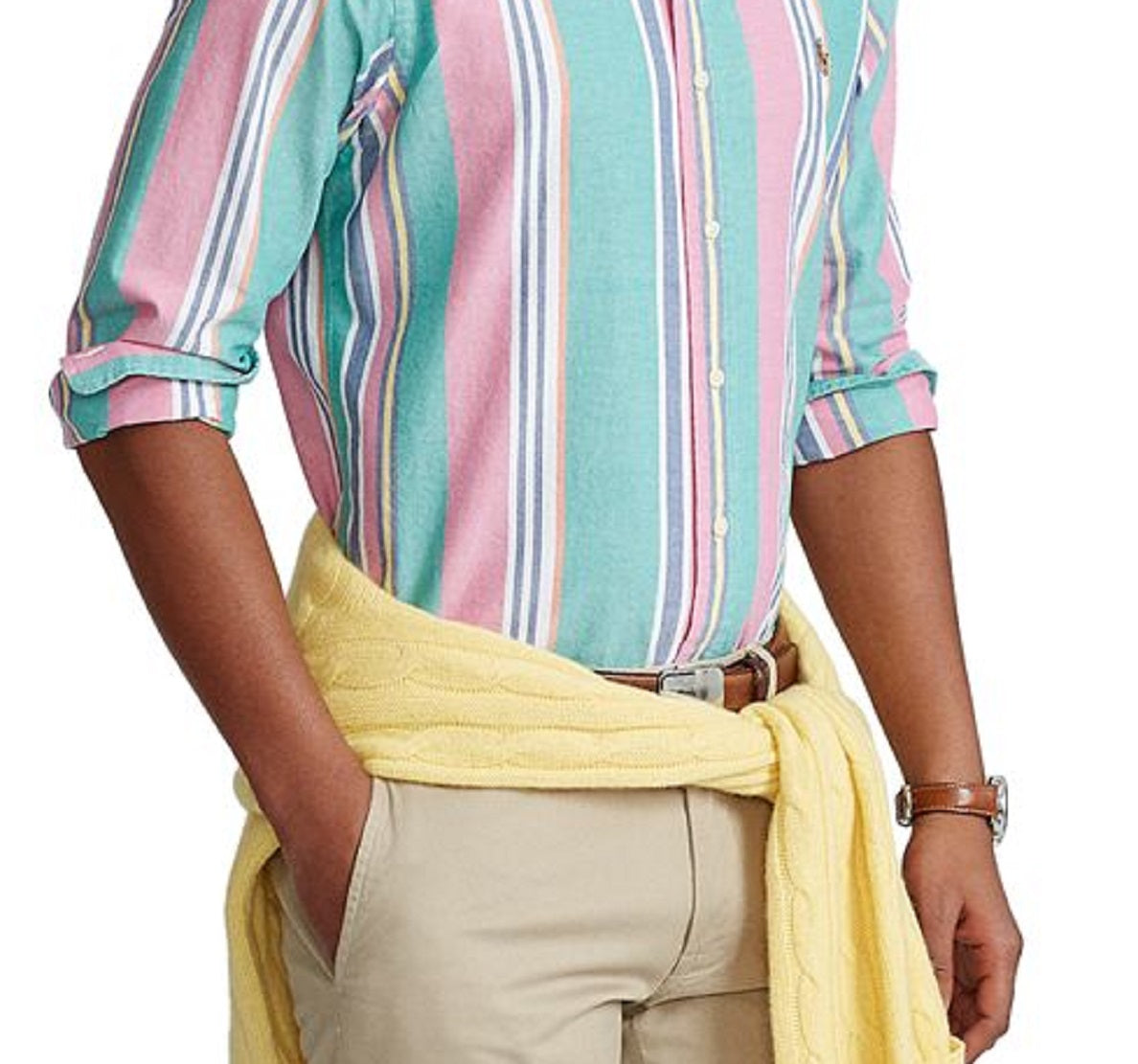 Camisa Oxford Listrada Masculina Polo Ralph Lauren Classic Fit Rosa Tamanho Grande