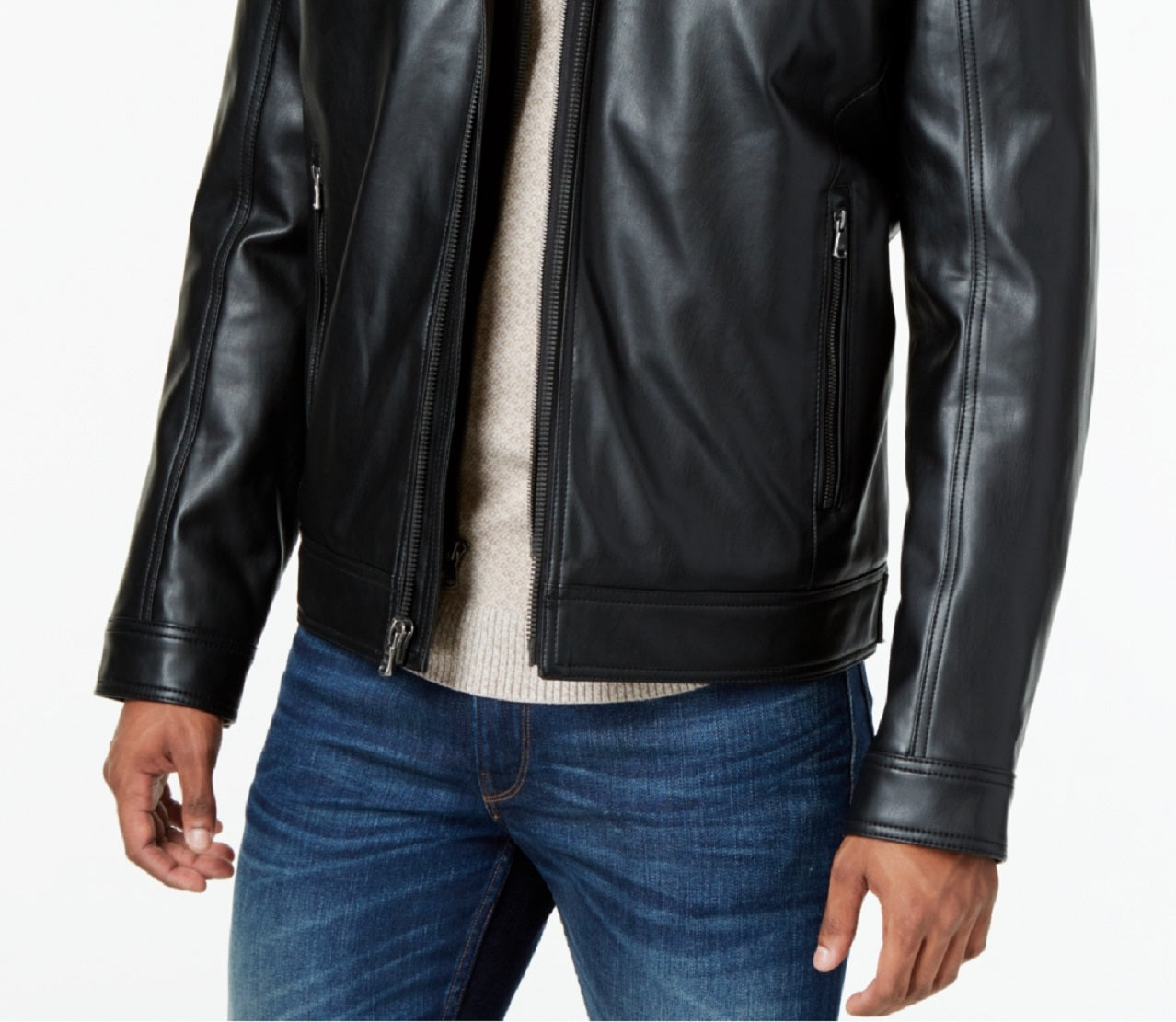 Jaqueta bomber masculina Michael Kors de couro sintético com capuz, preta, tamanho grande