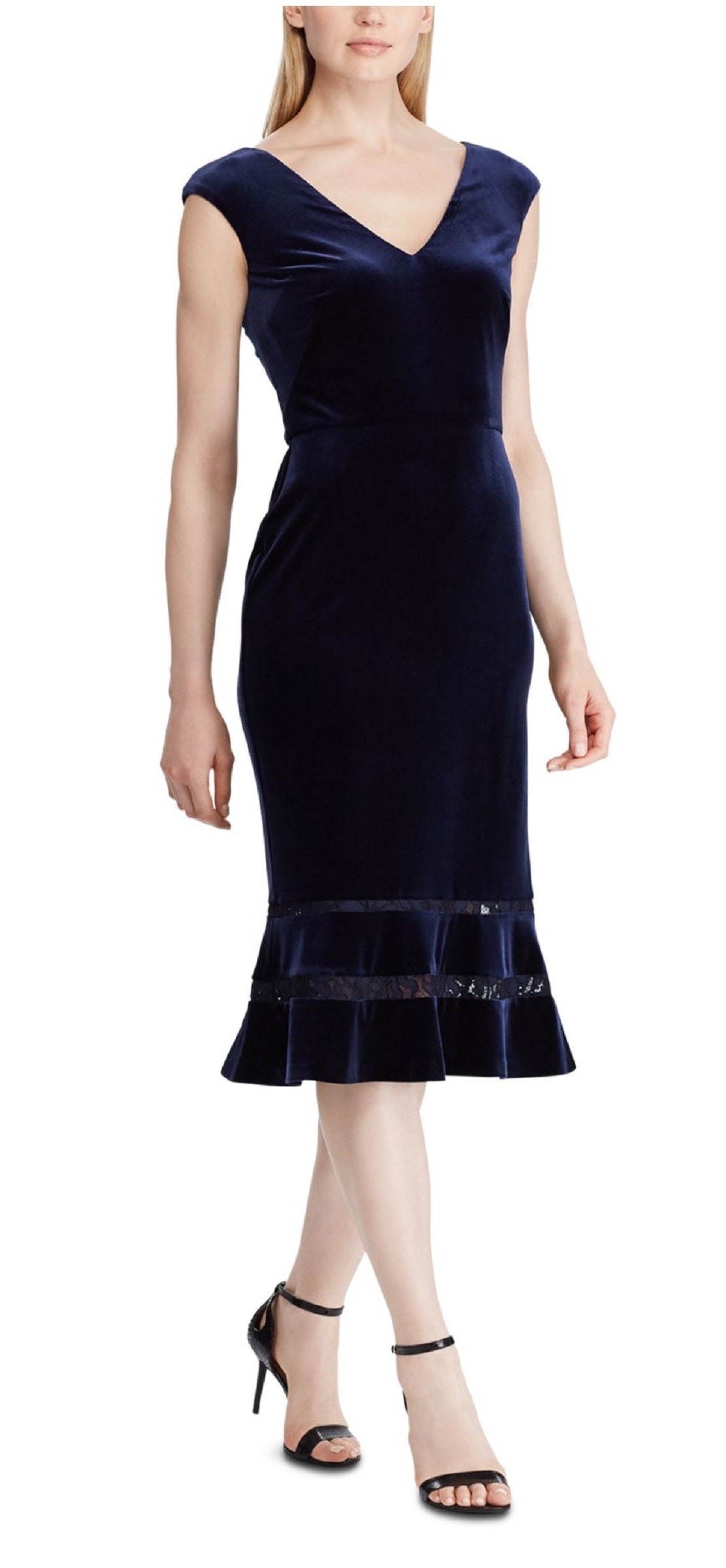 Vestido de festa feminino Ralph Lauren com manga curta, decote em V e bainha MIDI, azul, tamanho 0