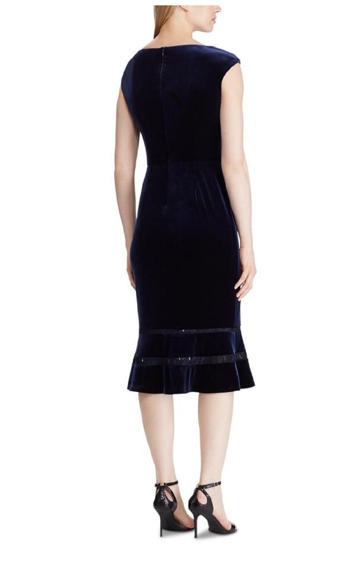 Vestido de festa feminino Ralph Lauren com manga curta, decote em V e bainha MIDI, azul, tamanho 0