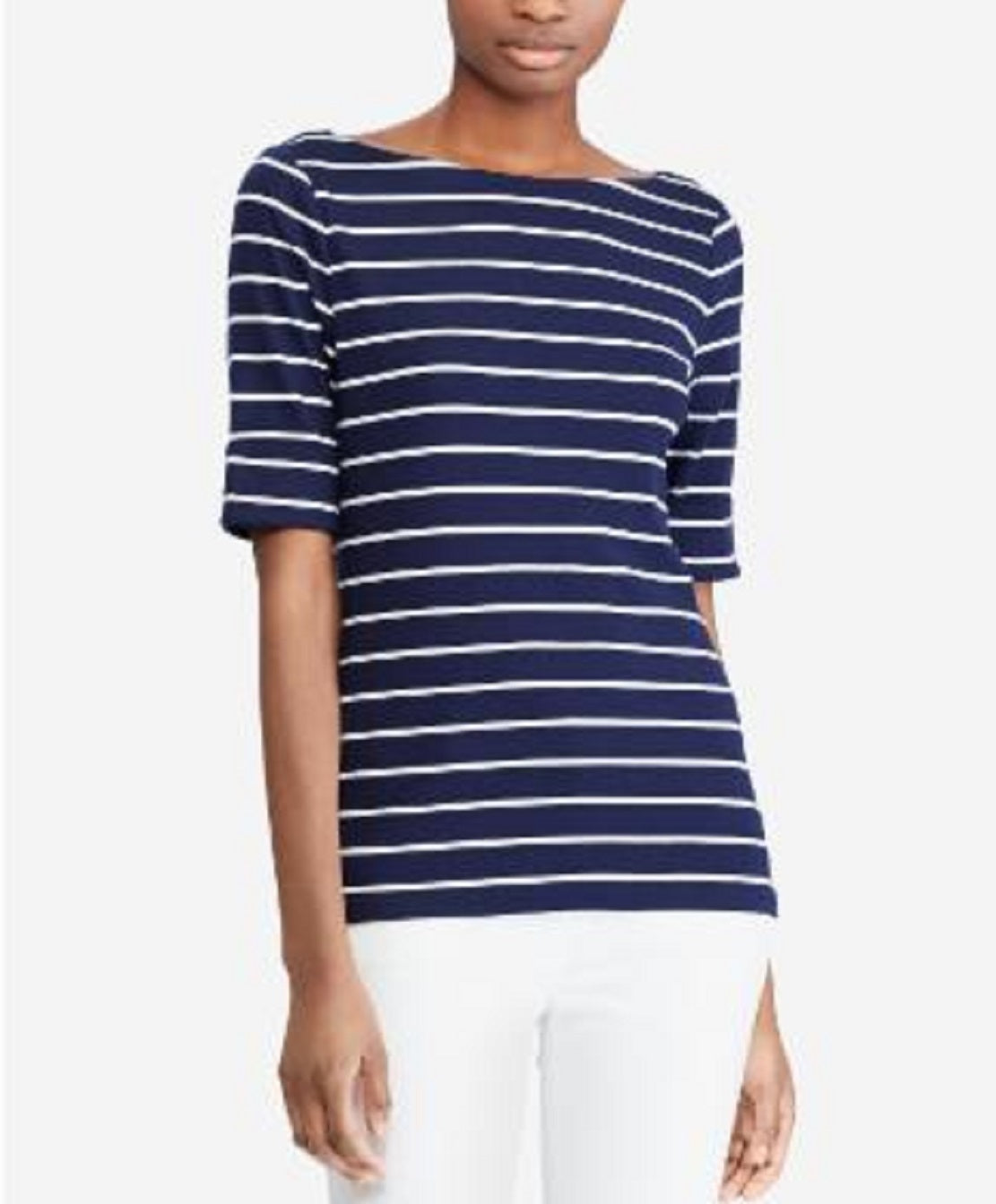 Blusa listrada com decote canoa Ralph Lauren feminina, azul, tamanho extragrande