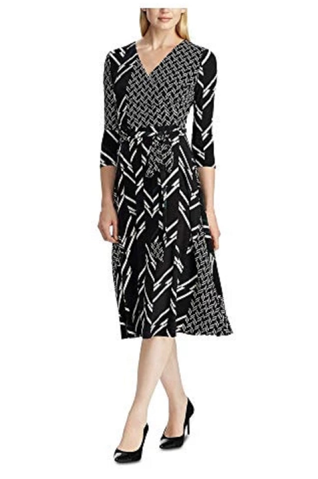 Vestido de dia Ralph Lauren feminino estampado em jersey fosco Carlyna com manga 3/4, preto, tamanho 8
