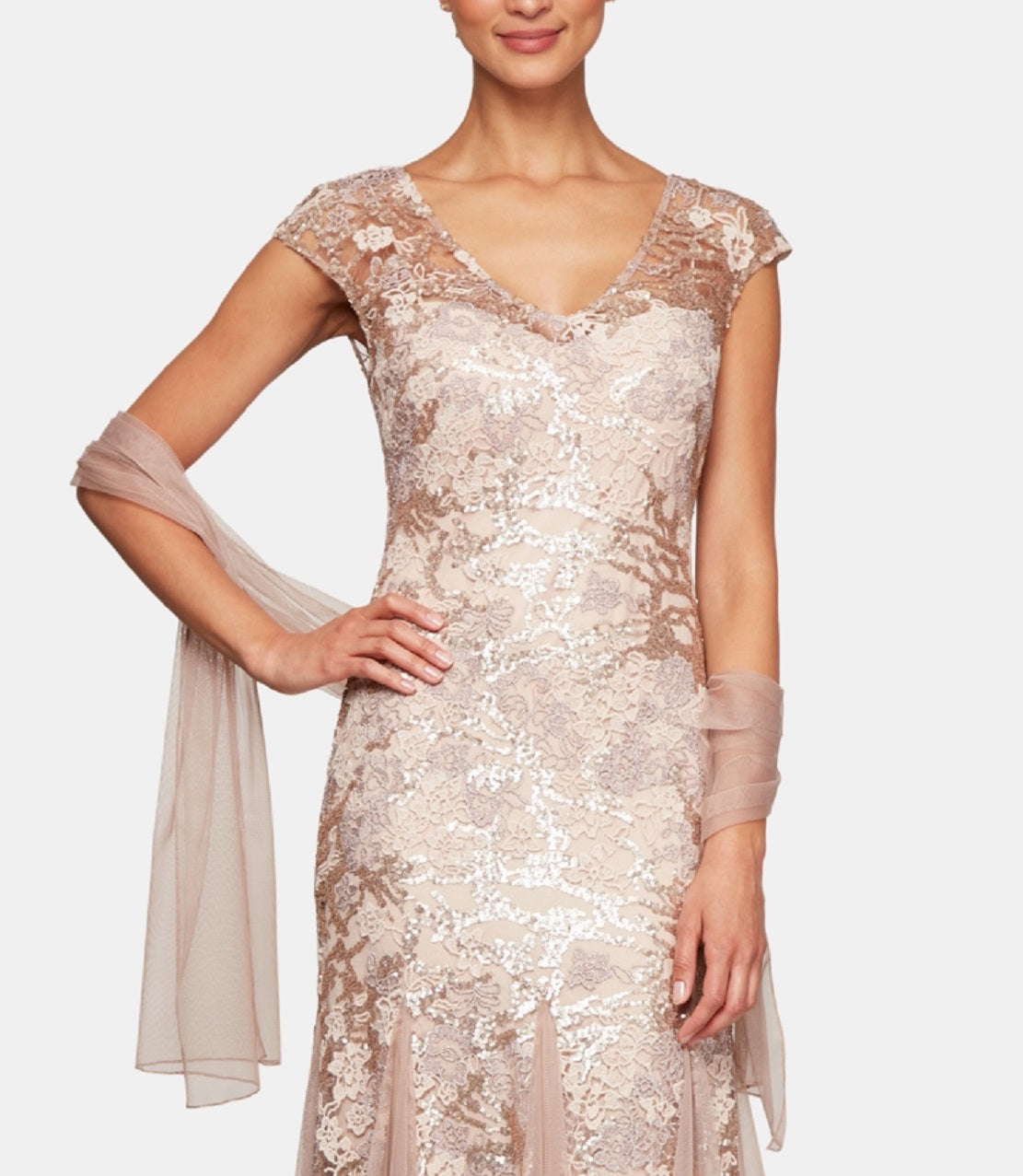 Vestido de festa feminino Alex Evenings com renda bordada e xale, marrom, tamanho 8