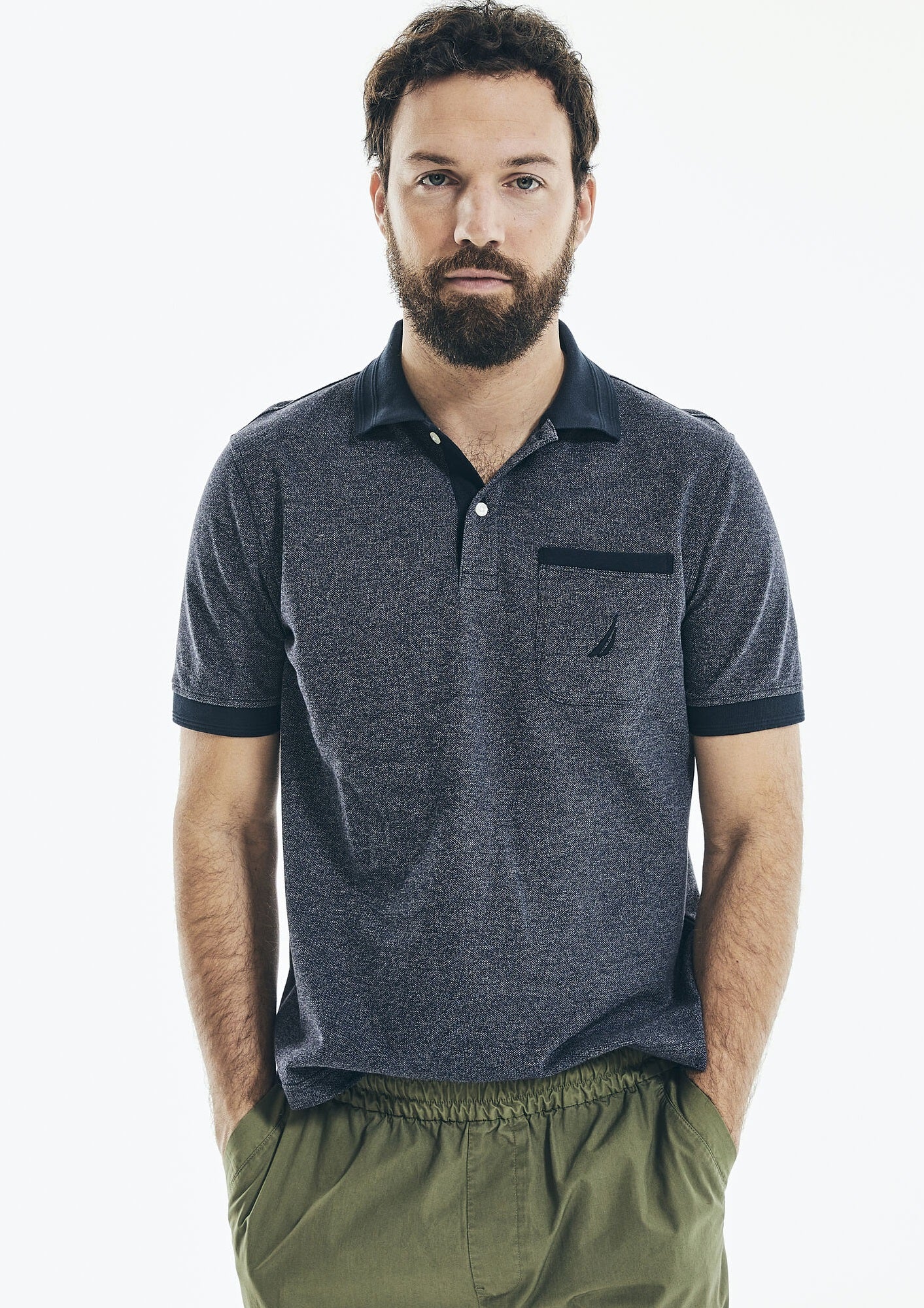 Camisa polo masculina Nautica Classic Fit Jaspe Pocket, azul, tamanho X-G