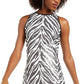 Vestido de festa feminino Tadashi Shoji com estampa animal, sem mangas, gola redonda, preto, tamanho grande