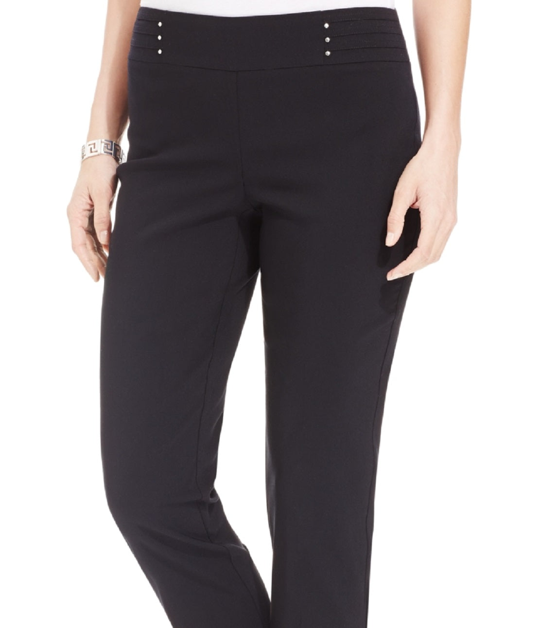 Calça feminina com controle de barriga e tachas JM Collection, preta, tamanho pequeno