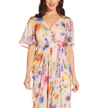 Adrianna Papell Women's Floral Print Chiffon Gown Brown Size 10