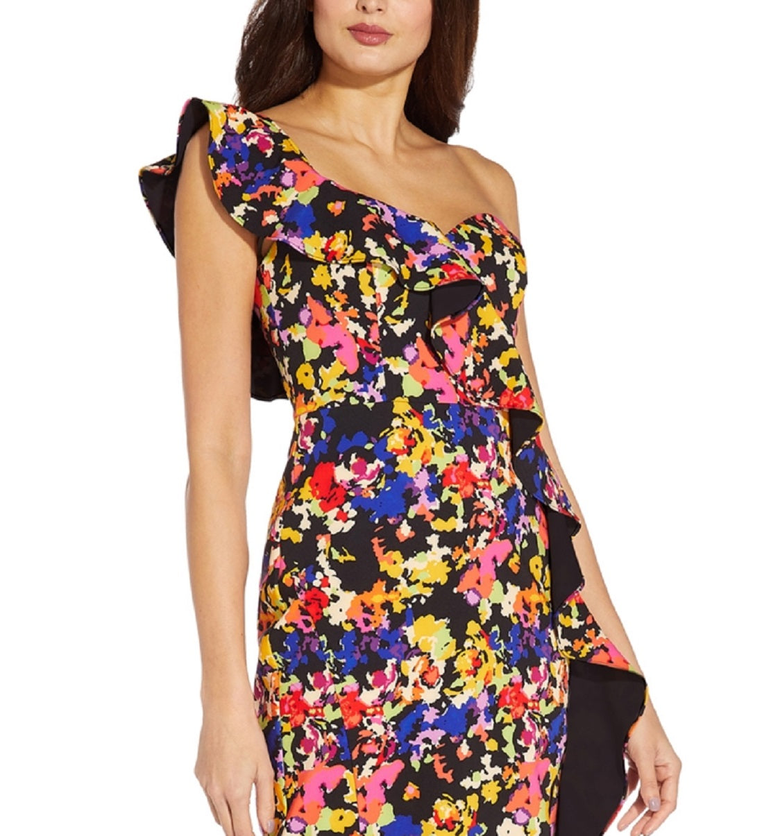 Vestido feminino Aidan By Aidan Mattox com estampa floral e babados, um ombro só, preto, tamanho 6