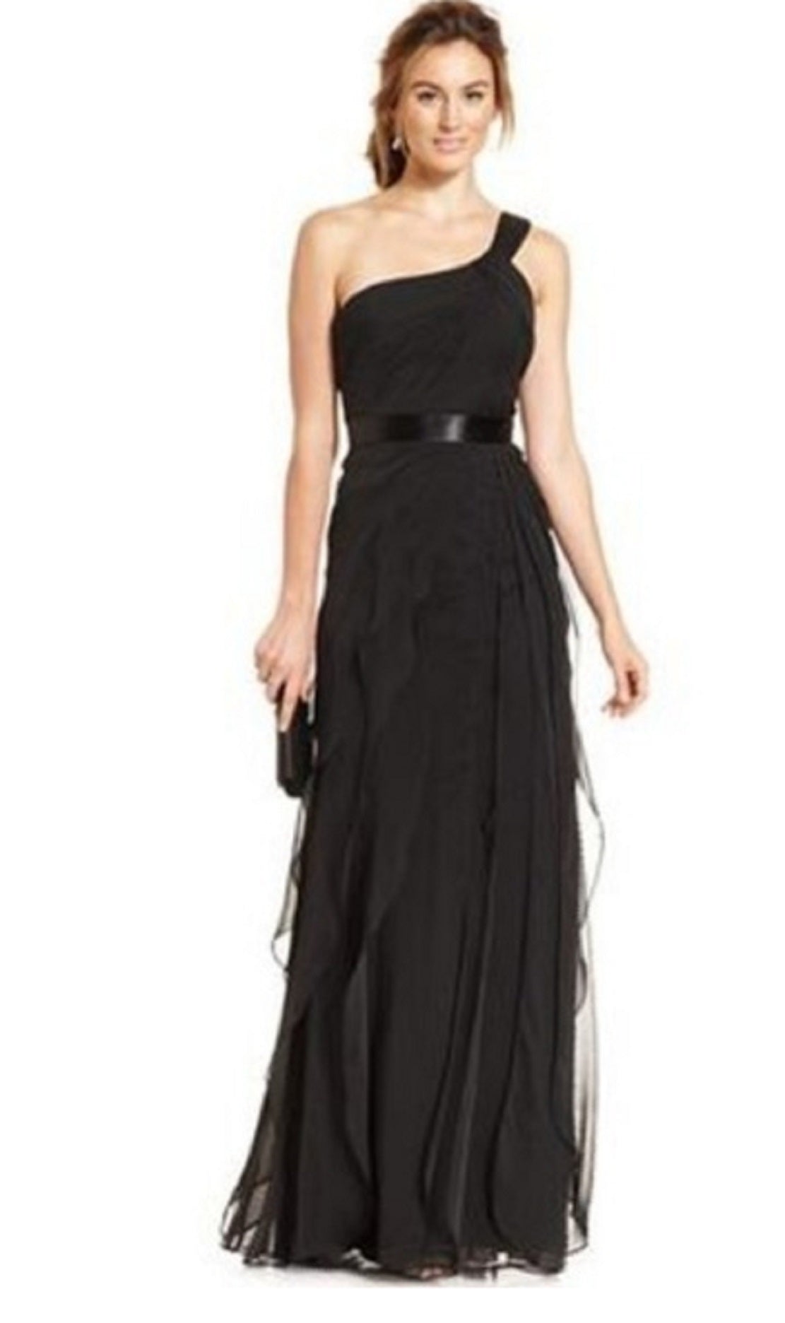 Vestido de noite feminino Adrianna Papell, decote assimétrico, um ombro só, em chiffon, tamanho 6, preto