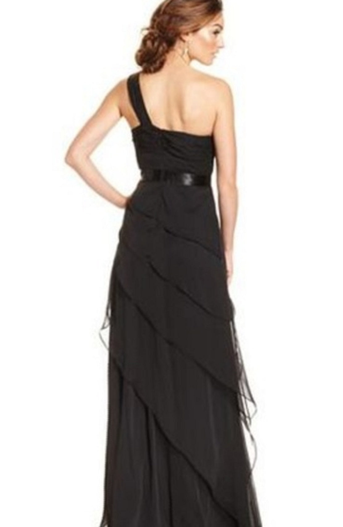 Vestido de noite feminino Adrianna Papell, decote assimétrico, um ombro só, em chiffon, tamanho 6, preto