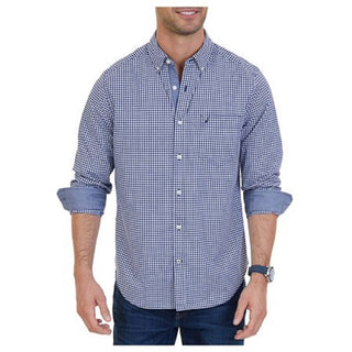 Camisa masculina Nautica Classic Fit, manga comprida, xadrez xadrez, azul, tamanho extragrande