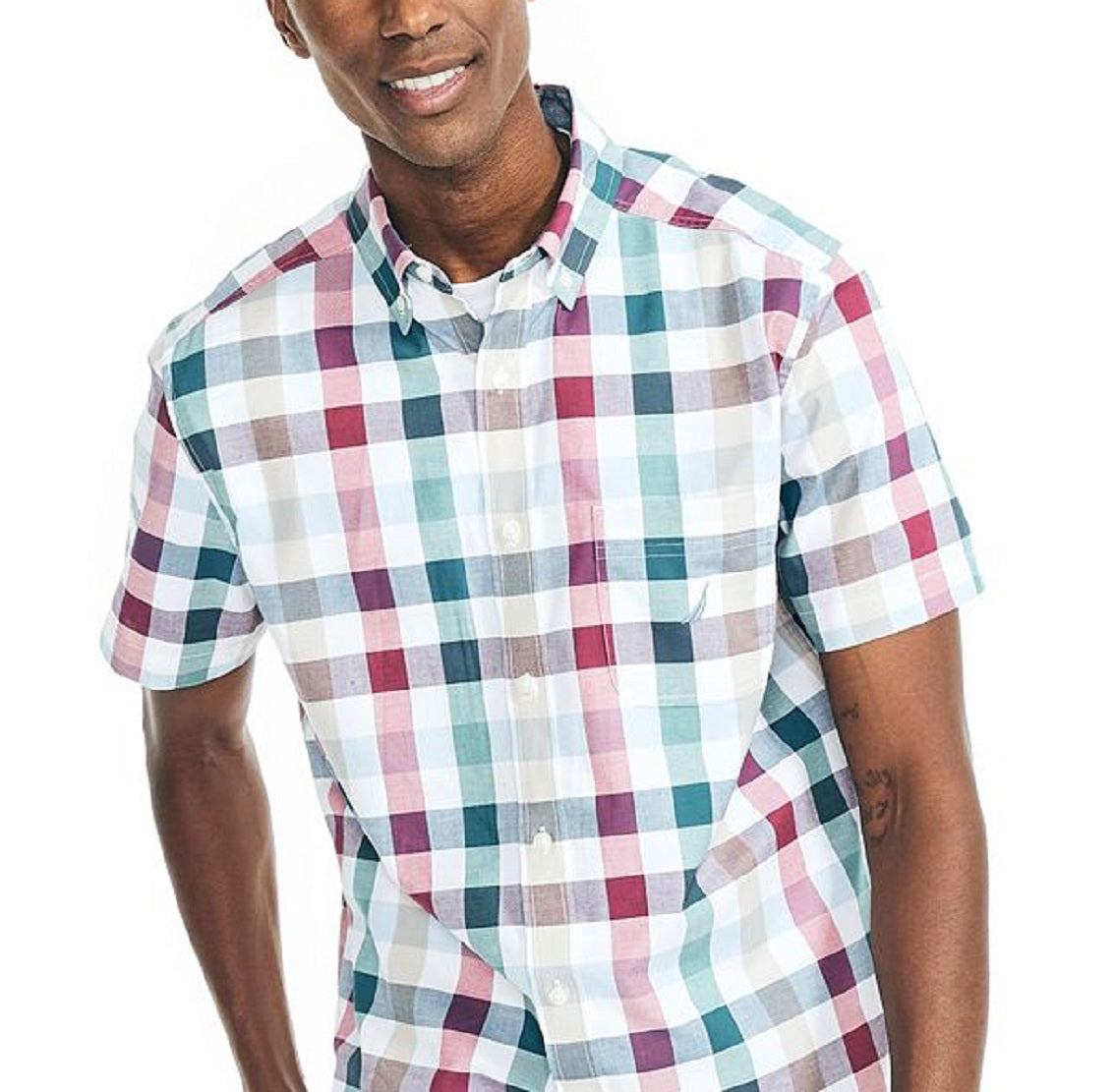 Camisa Oxford Xadrez Elástica de Manga Curta Classic Fit Masculina Nautica Branca Tamanho Médio