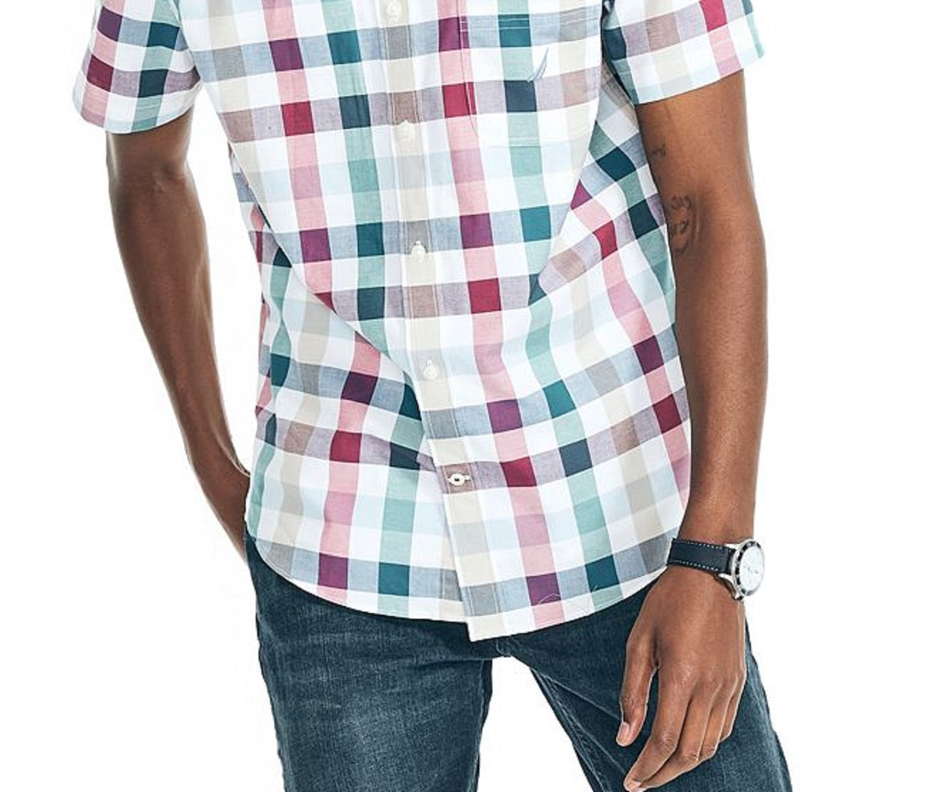 Camisa Oxford Xadrez Elástica de Manga Curta Classic Fit Masculina Nautica Branca Tamanho Médio