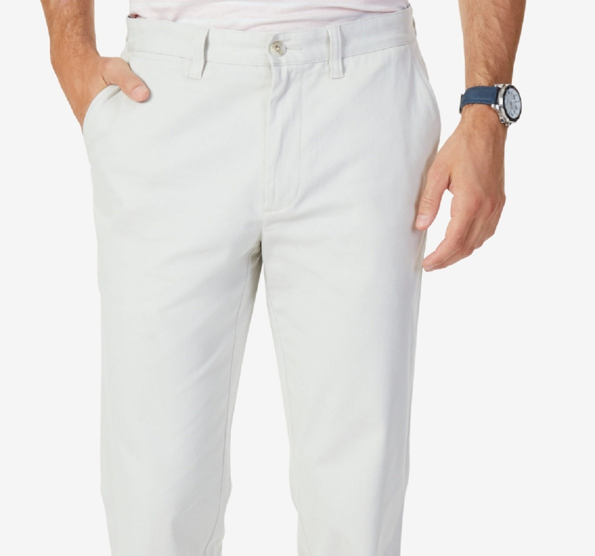 Calça de convés chino Nautica masculina, ajuste clássico, elástica, lisa, frente plana, branca, tamanho 38x32
