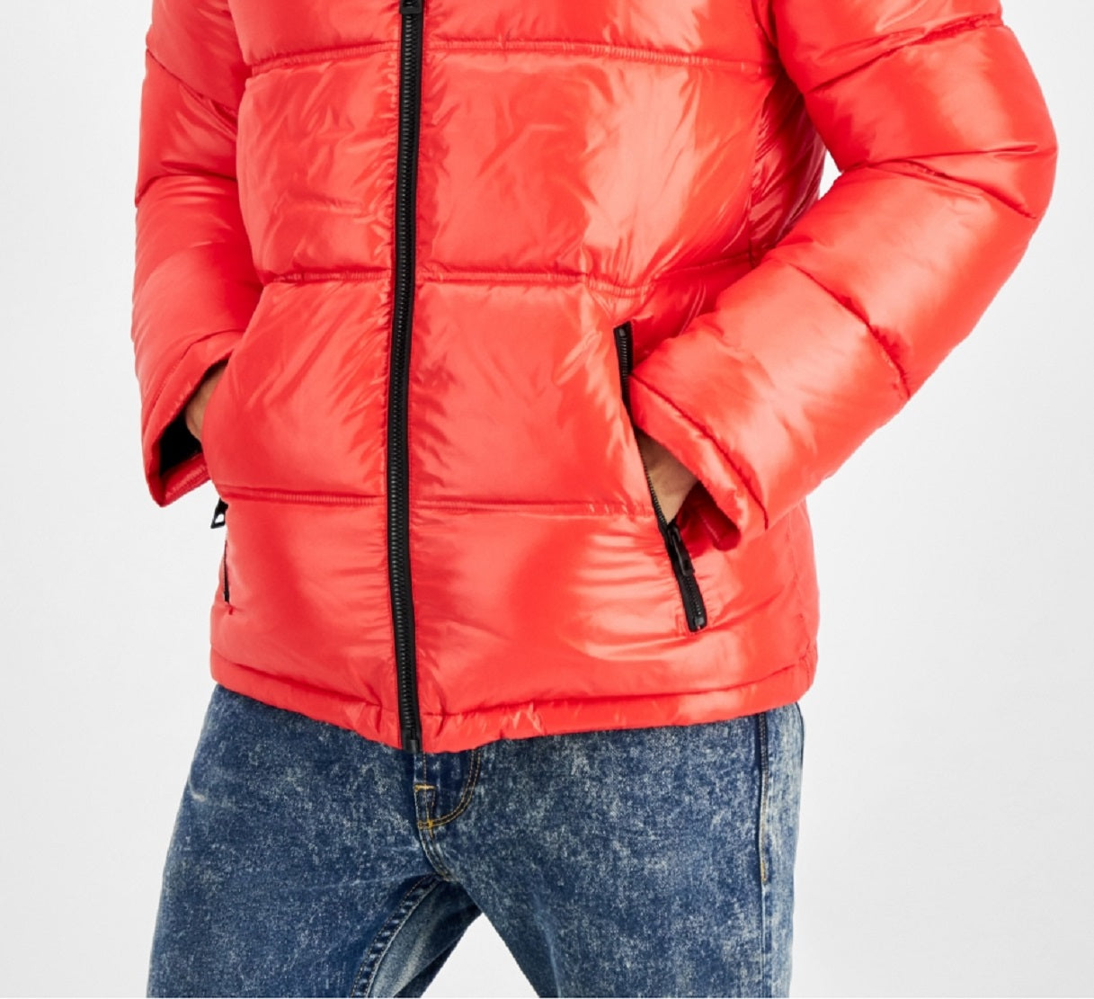 Jaqueta masculina GUESS com capuz de pele sintética vermelha, tamanho X-G