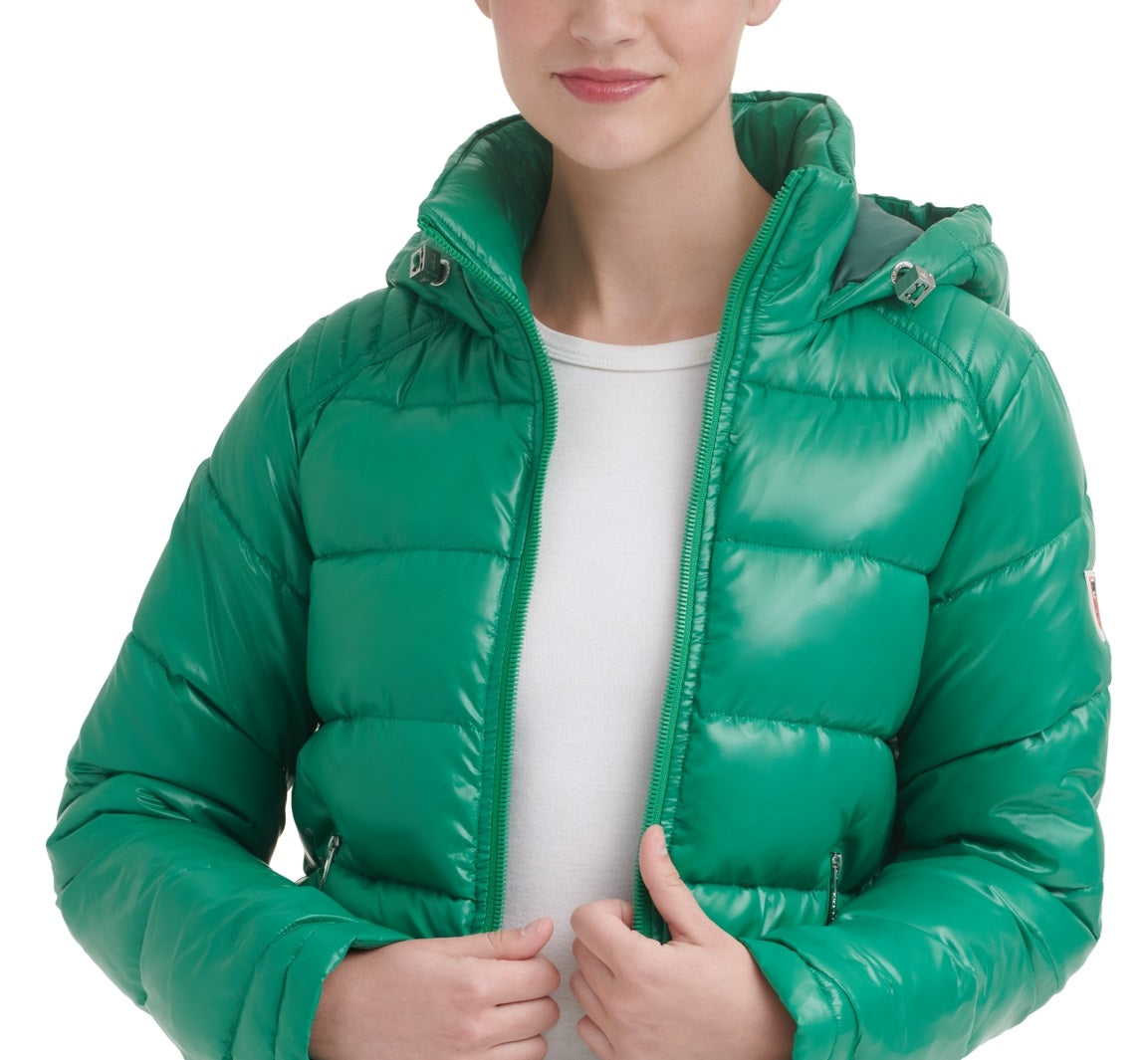 Casaco acolchoado com capuz GUESS High Shine feminino, verde, tamanho médio