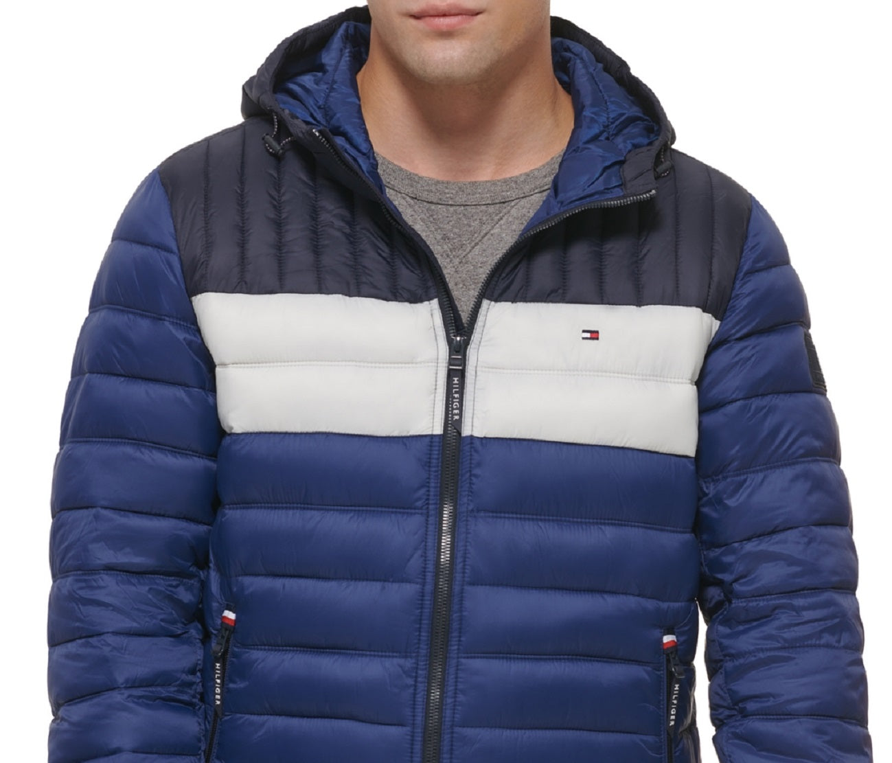 Jaqueta acolchoada com capuz e blocos de cores Tommy Hilfiger masculina, tamanho grande, azul