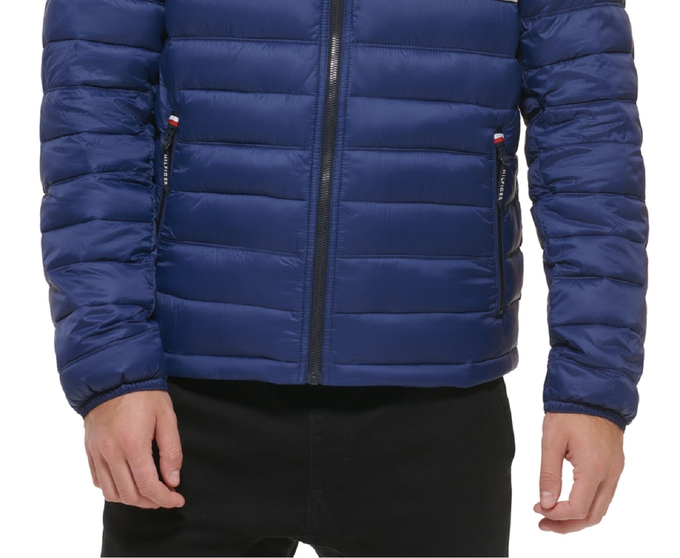Jaqueta acolchoada com capuz e blocos de cores Tommy Hilfiger masculina, tamanho grande, azul