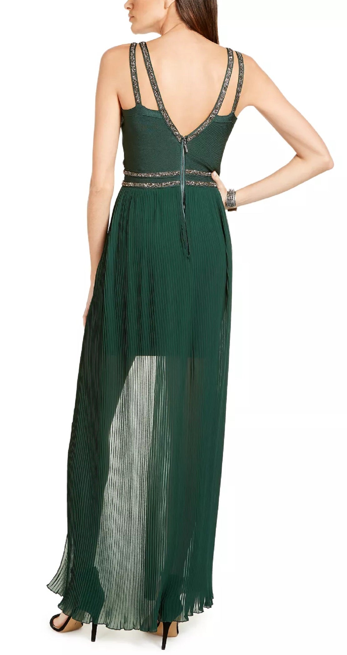 Vestido de bandagem alto e baixo com contas Marciano feminino, verde, tamanho pequeno