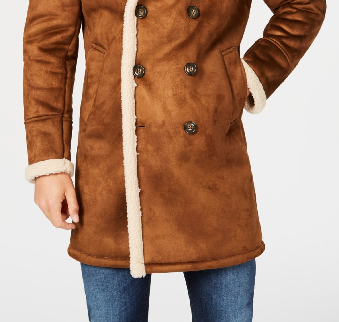 Sobretudo masculino GUESS de pele de carneiro sintética marrom tamanho pequeno