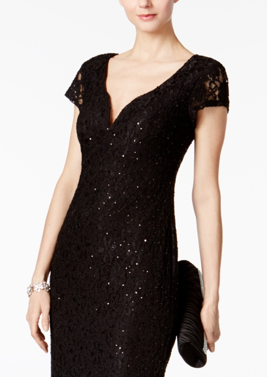 Vestido coluna de renda com lantejoulas feminino conectado, preto, tamanho 8